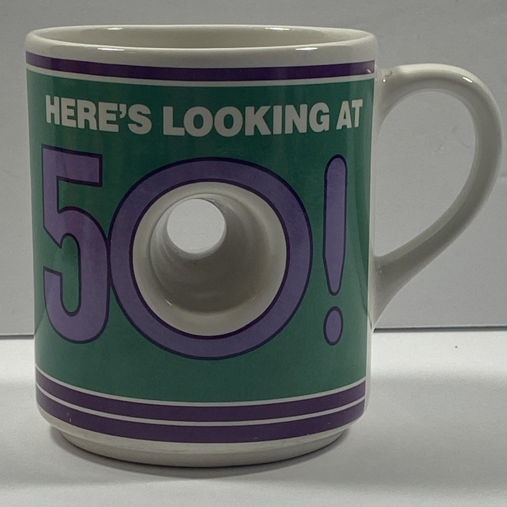 Vintage Papel Here's Looking at 50 ceramic mug hollow center birthday gift